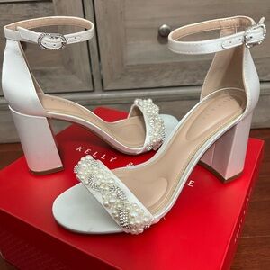 Kelly & Katie Drema Satin White Block Heels Size 6